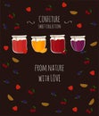 Vector card with orange, blueberry, strawberry and cherry jams, with text for design.