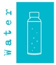 Vector card with outline bottle and text `water`. Vector illustration.