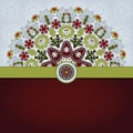 Vector card with round floral pattern and ribbon.