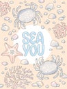 Vector card with sea creatures and hand-drawn lettering.