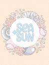 Vector card with sea creatures and hand-drawn lettering.