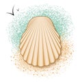 Vector card with a seashell on a background of sand and sea. Cartoon shell with gradient fill Royalty Free Stock Photo