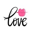 Vector card with sign love and female lipstick kiss. Royalty Free Stock Photo