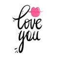 Vector card with sign love you and female lipstick kiss. Royalty Free Stock Photo