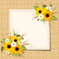 Vector card with sunflowers, daisy and ears of wheat on a sacking background. Eps-10.