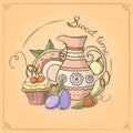 Vector card. Sweet time series. Plate and jug.