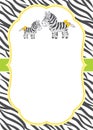 Vector Card Template with Cute Cartoon Zebras on Stripes Background.