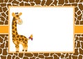 Vector Card Template with a Cute Giraffe on Spotted Skin Background. Vector Baby Giraffe. Royalty Free Stock Photo