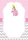 Vector Card Template with a Cute Ladybug on Chevron and Polka Dot Background. Royalty Free Stock Photo