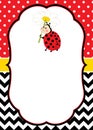 Vector Card Template with a Cute Ladybug on Chevron and Polka Dot Background. Royalty Free Stock Photo