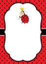 Vector Card Template with a Cute Ladybug on Polka Dot and Stripes Background. Vector Ladybird. Royalty Free Stock Photo