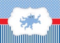 Vector Card Template With A Cute Octopus On Polka Dot And Stripes Background. Vector Octopus.
