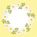 Vector Card Template with a Floral Wreath on Polka Dot Background. Vector Summer Wreath with Daisy. Royalty Free Stock Photo