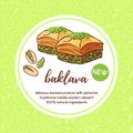 Vector card template with turkish dessert pistachio baklava