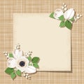 Vector card with white flowers on a sacking background. Eps-10.