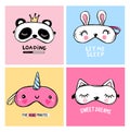 Vector cards collection with Sleep masks and quotes. Blindfold animal shaped - unicorn, cat, rabbit, panda.