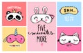 Vector cards collection with Sleep masks and quotes. Blindfold classic and animal shaped - unicorn, cat, rabbit, panda.