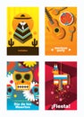 Vector cards with mexica elements. Vertical design templates dedicated to mexico, decorated with pinata, sombrero, sculls and mexi