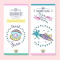 Vector cards with sea creatures. Squid and shell with a pearl.