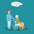 Vector Care senior Male doctor helping senior grandmother on walk. Careing senior nurse at hospital. Care senior moderm Royalty Free Stock Photo