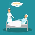 Vector Care senior. Woman doctor helping senior man near bed. Careing senior nurse at hospital. Care senior moderm Royalty Free Stock Photo