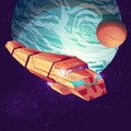 Vector cargo spaceship on big planet background. Royalty Free Stock Photo