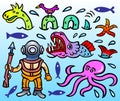 Vector caricature - Loch Ness Monster, starfish, sea monster, scuba diver, octopus and a little bird. Royalty Free Stock Photo