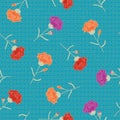 Vector Carnation Flowers Buds in Purple Orange Red Scattered on Turquoise Blue Background Seamless Repeat Pattern