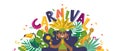 Brazilian carnival samba girl, toucan and guitar in tropical leaves banner template with colorful lettering and confetti