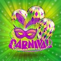 Vector carnival card with colorful balloons, carnival mask and lettering on violet background.