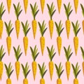 Vector carrots seamless pattern on a pink background. Orange vegetables with green leaves for printing on textiles or eco products