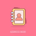 Vector cartoon address book icon in comic style. Contact note sign illustration pictogram. Notebook business splash effect concept Royalty Free Stock Photo