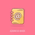 Vector cartoon address book icon in comic style. Email note sign illustration pictogram. Notebook business splash effect concept Royalty Free Stock Photo