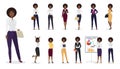 Vector Cartoon african american businesswoman female standing in different positions. Woman character set. Royalty Free Stock Photo