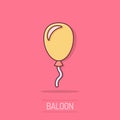 Vector cartoon air balloon icon in comic style. Birthday baloon concept illustration pictogram. Balloon business splash effect