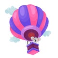 Vector cartoon air balloon illustration with animal in the basket. Royalty Free Stock Photo