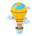 Vector cartoon air balloon illustration with animal in the basket. Royalty Free Stock Photo