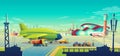 Vector cartoon airport landscape, airliner on runway