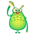 Vector cartoon alien says Hallo. Green slimy alien monster with tentacles. Happy Halloween green monster waving Royalty Free Stock Photo