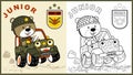 Cartoon of funny bear driving military vehicle