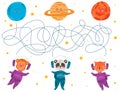 Vector cartoon astronauts and planets. Vector illustrations for children books. Labyrinth. Educational game for children