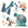 Vector cartoon astronomy set. Astronomical telescopes - radio, orbital Royalty Free Stock Photo