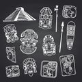 Vector cartoon aztec and maya mask elements set on black chalkboard background illustration