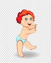 Vector cartoon baby boy in blue diaper trying to walk