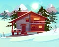 Vector cartoon luxury hotel, chalet. Winter resort