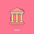 Vector cartoon bank building icon in comic style. Museum sign illustration pictogram. Building business splash effect concept