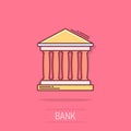 Vector cartoon bank building icon in comic style. Museum sign illustration pictogram. Building business splash effect concept