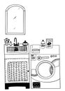 Vector bathroom interior set of sink with locker, washer and mirror