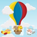 Vector cartoon of bear and lion on hot air balloon, funny air transportations on buildings background Royalty Free Stock Photo