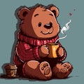 Vector of a cartoon bear with a sweather drinking a cup of hot chocolate.